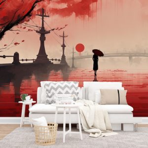 Kadın ve Yağmurlu Şehir Suluboya Manzara Duvar Kağıdı Kağıdı Modelleri