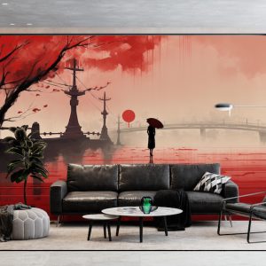 Kadın ve Yağmurlu Şehir Suluboya Manzara Duvar Kağıdı Kağıdı Modelleri