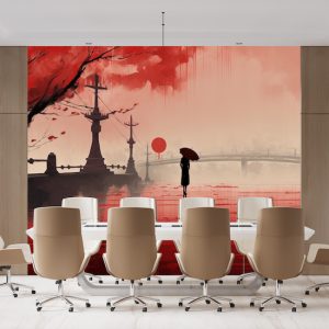 Kadın ve Yağmurlu Şehir Suluboya Manzara Duvar Kağıdı Kağıdı Modelleri