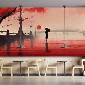 Kadın ve Yağmurlu Şehir Suluboya Manzara Duvar Kağıdı Kağıdı Modelleri