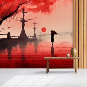 Kadın ve Yağmurlu Şehir Suluboya Manzara Duvar Kağıdı Kağıdı Modelleri