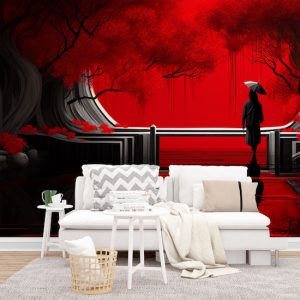 Şemsiyeli Kadın ve Kırmızı Manzara Poster Duvar Kağıdı YD-02338