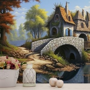 Vintage Kulübe ve Köprü Manzara Duvar Kağıdı YD-02340