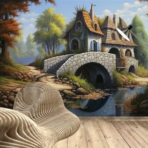 Vintage Kulübe ve Köprü Manzara Duvar Kağıdı YD-02340