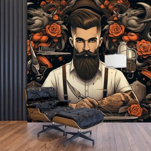 Berber Duvar Kağıdı, Tek Parça Erkek Kuaförü Duvar Posteri YEK-02395