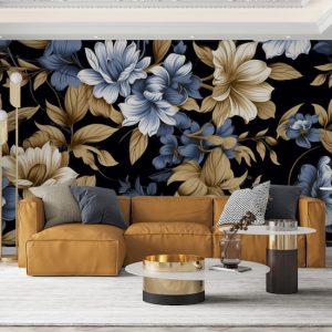 Gold ve Mavi Canlı Çiçekler Tek Parça Duvar Kağıdı YF-02276