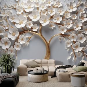 3D Çiçekli Duvar Kağıdı, Gold ve Beyaz Çiçekler ve Ağaç YF-02398