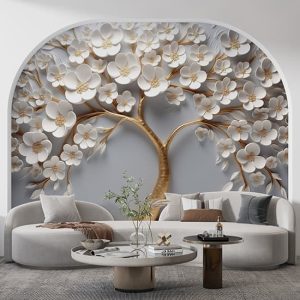 3D Çiçekli Duvar Kağıdı, Gold ve Beyaz Çiçekler ve Ağaç YF-02398