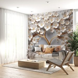3D Çiçekli Duvar Kağıdı, Gold ve Beyaz Çiçekler ve Ağaç YF-02398