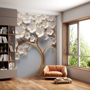 3D Çiçekli Duvar Kağıdı, Gold ve Beyaz Çiçekler ve Ağaç YF-02398