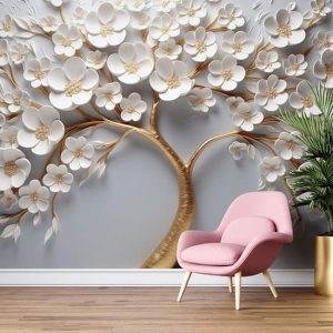 3D Çiçekli Duvar Kağıdı, Gold ve Beyaz Çiçekler ve Ağaç YF-02398