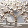 3D Çiçekli Duvar Kağıdı, Gold ve Beyaz Çiçekler ve Ağaç YF-02398