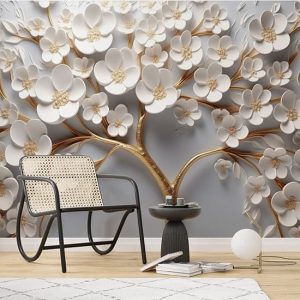 3D Çiçekli Duvar Kağıdı, Gold ve Beyaz Çiçekler ve Ağaç YF-02398