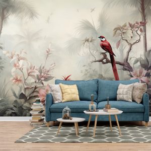 Sisli Orman ve Kırmızı Kuş Manzara Duvar Kağıdı YH-02319