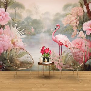 Pembe Flamingolar Çiçekler ve Nehir Manzara Duvar Kağıdı YH-02325