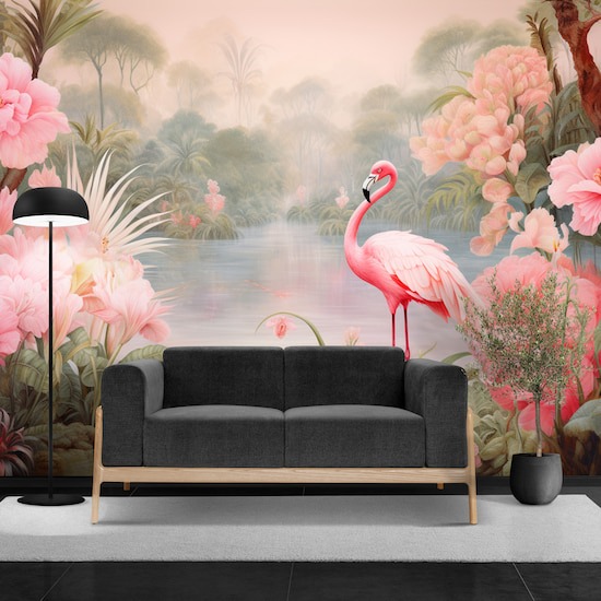 Pembe Flamingolar Çiçekler ve Nehir Manzara Duvar Kağıdı YH-02325