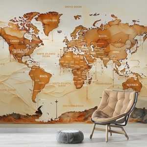Turuncu Harita Duvar Kağıdı Ülkeler, Okyanuslar ve Denizler YH-02432