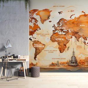 Kıtalar ve Okyanuslar Dünya Haritası Duvar Kağıdı Tek Parça YH-02433