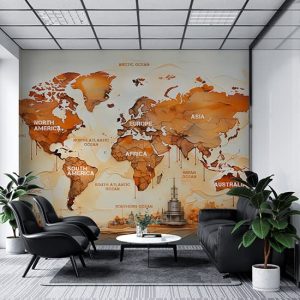 Kıtalar ve Okyanuslar Dünya Haritası Duvar Kağıdı Tek Parça YH-02433