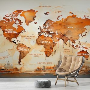 Kıtalar ve Okyanuslar Dünya Haritası Duvar Kağıdı Tek Parça YH-02433