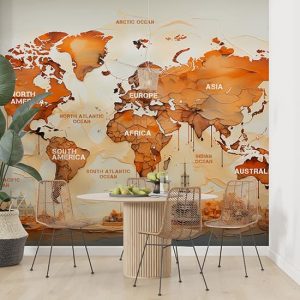 Kıtalar ve Okyanuslar Dünya Haritası Duvar Kağıdı Tek Parça YH-02433