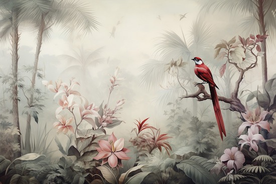 Sisli Orman ve Kırmızı Kuş Manzara Duvar Kağıdı YH-02319