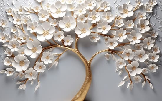 3D Çiçekli Duvar Kağıdı, Gold ve Beyaz Çiçekler ve Ağaç YF-02398