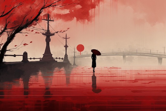 Kadın ve Yağmurlu Şehir Suluboya Manzara Duvar Kağıdı Kağıdı Modelleri