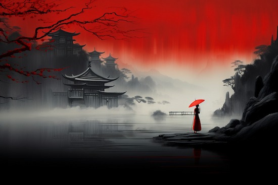Japon Kulübesi ve Kadın Kırmızı Siyah Manzara Duvar Kağıdı YD-02336