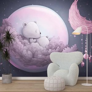 Ayda Uyuyan Ayıcık Çocuk Odası Pembe Duvar Kağıdı YCO-02490