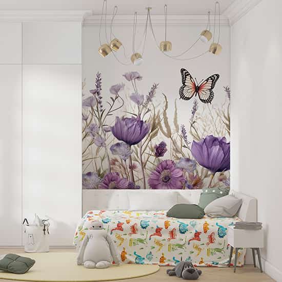 Mor Çiçek ve Kelebekler Çocuk Odası Duvar Kağıdı YCO-02539