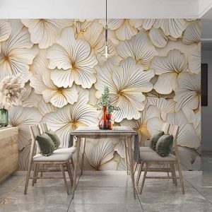 3D Beyaz ve Gold Çiçekler Duvar Kağıdı Tek Parça YD-02451