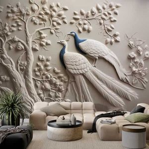 Tavus Kuşları ve Ağaç 3D Duvar Kağıdı Tek Parça YF-02474