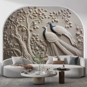Tavus Kuşları ve Ağaç 3D Duvar Kağıdı Tek Parça YF-02474