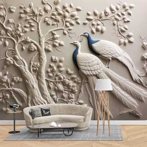 Tavus Kuşları ve Ağaç 3D Duvar Kağıdı Tek Parça YF-02474
