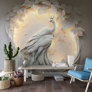 3D Kabartma Görünümlü Tavus Kuşu Duvar Kağıdı YF-02477