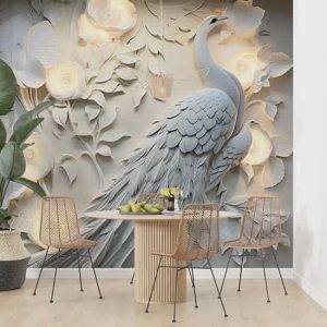 3D Tavus Kuşu ve Çiçekler Poster Duvar Kağıdı YF-02479