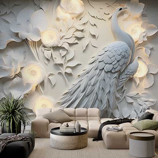 3D Tavus Kuşu ve Çiçekler Poster Duvar Kağıdı YF-02479