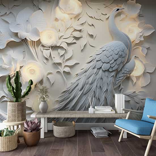 3D Tavus Kuşu ve Çiçekler Poster Duvar Kağıdı YF-02479