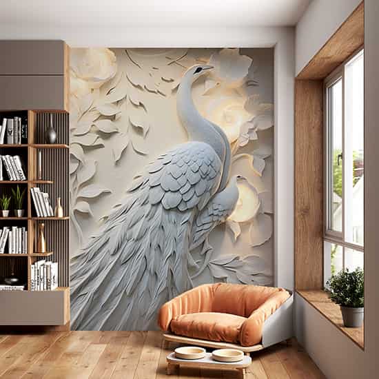 3D Tavus Kuşu ve Çiçekler Poster Duvar Kağıdı YF-02479
