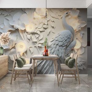 3D Tavus Kuşu ve Çiçekler Poster Duvar Kağıdı YF-02479