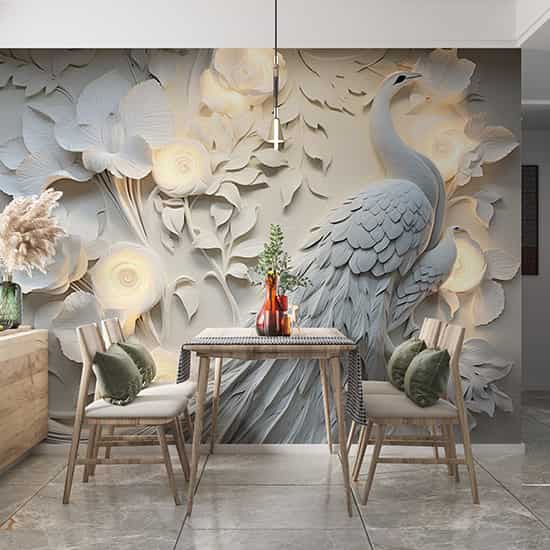 3D Tavus Kuşu ve Çiçekler Poster Duvar Kağıdı YF-02479