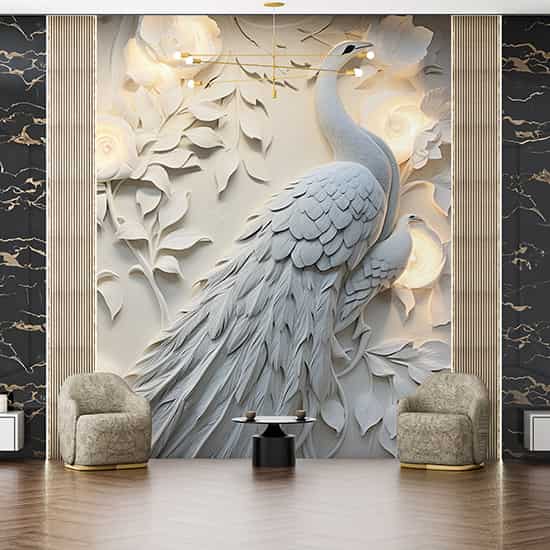 3D Tavus Kuşu ve Çiçekler Poster Duvar Kağıdı YF-02479