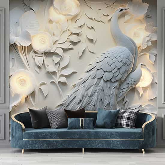 3D Tavus Kuşu ve Çiçekler Poster Duvar Kağıdı YF-02479