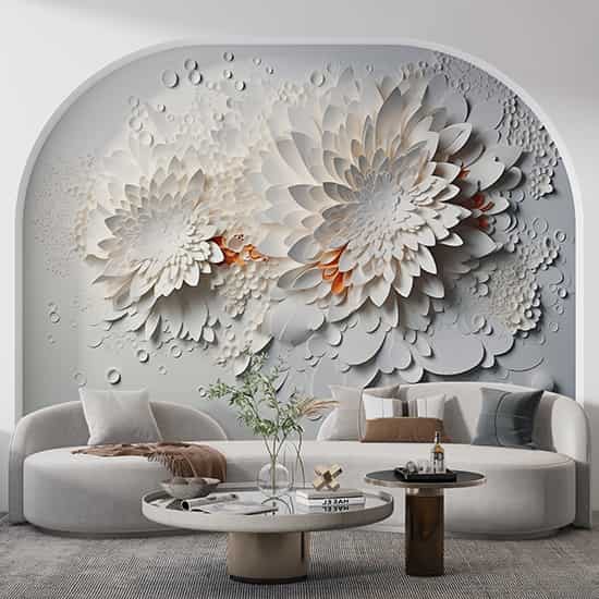 Kabartma Görünümlü Beyaz Çiçekler Poster Duvar Kağıdı YF-02483
