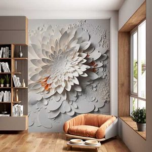 Kabartma Görünümlü Beyaz Çiçekler Poster Duvar Kağıdı YF-02483
