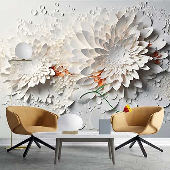Kabartma Görünümlü Beyaz Çiçekler Poster Duvar Kağıdı YF-02483