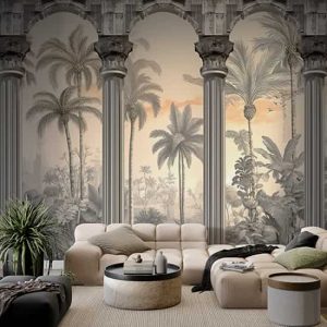 Sütunlar ve Palmiye Ağaçları 3D Manzara Duvar Kağıdı YD-02506