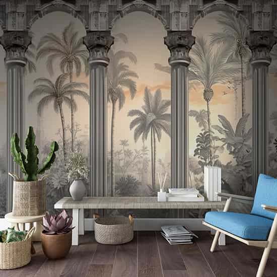 Sütunlar ve Palmiye Ağaçları 3D Manzara Duvar Kağıdı YD-02506