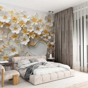 3D Gold ve Beyaz Çiçek Duvar Kağıdı YF-02513